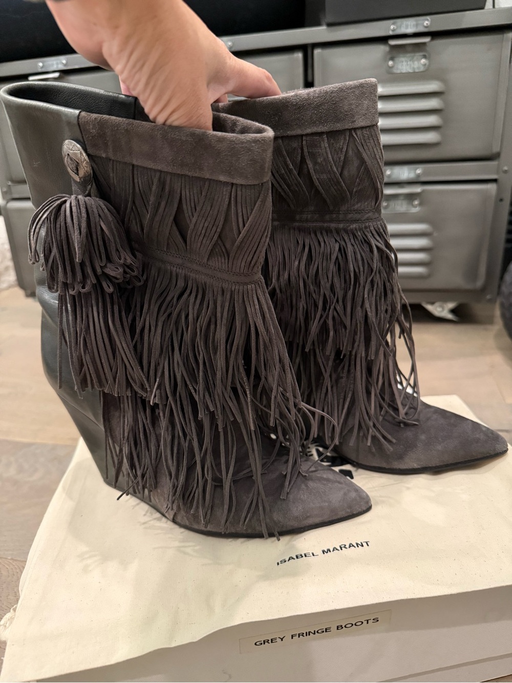 Isabel Marant Grey Suede Fringe Mid-Calf Boots